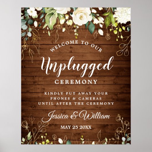 White Roses Floral Unplugged Wedding Zeremonie Poster (Vorne)