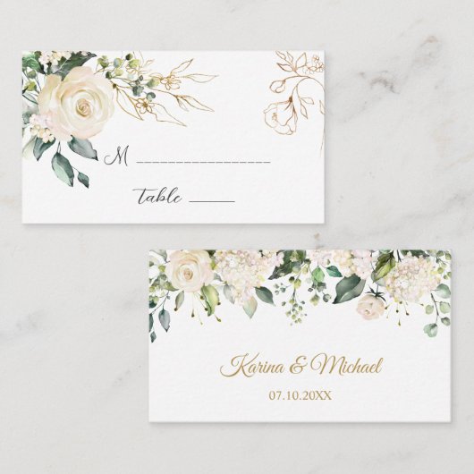 White Roses Foliage Hochzeitsgefaltete Platzkarte (Vorne/Hinten)