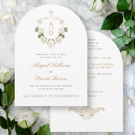 White Roses Frame Monogramme Katholische Hochzeit Einladung