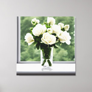 White Roses Glas Vase von Fenster Canvas Print Leinwanddruck
