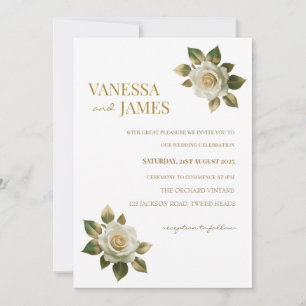 White Roses Gold Blätter Einladung Hochzeit