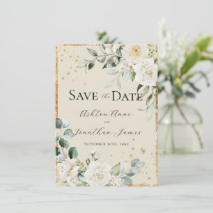 White Roses Gold Cream Elegante Moderne Hochzeit Save The Date