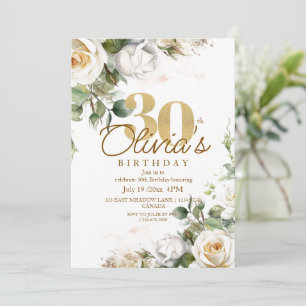 White Roses & Gold Dusty Floral 30. Geburtstag Einladung