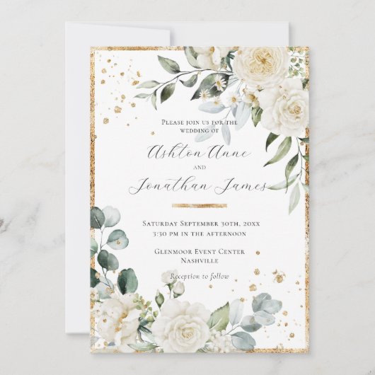 White Roses Gold Elegante Moderne Hochzeit Einladung (Vorderseite)
