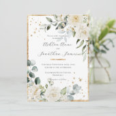 White Roses Gold Elegante Moderne Hochzeit Einladung (Stehend Vorderseite)