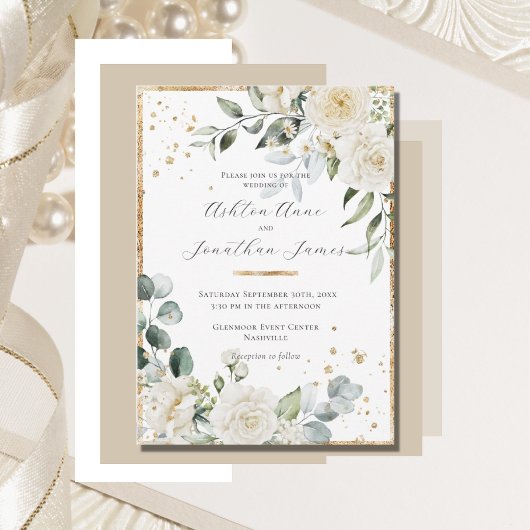 White Roses Gold Elegante Moderne Hochzeit Einladung