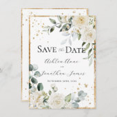 White Roses Gold Elegante Moderne Hochzeit Save The Date (Vorne/Hinten)