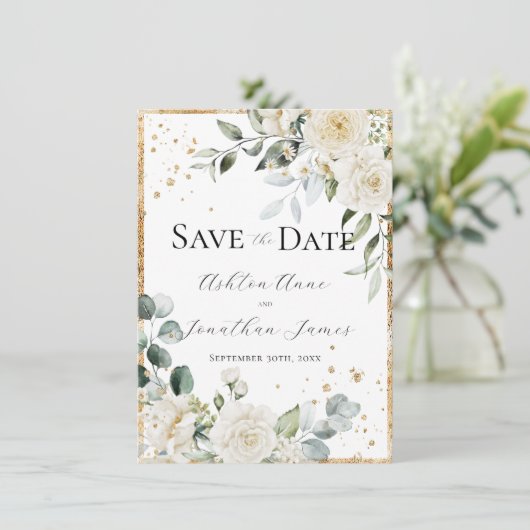 White Roses Gold Elegante Moderne Hochzeit Save The Date (Stehend Vorderseite)