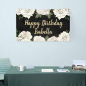White Roses Gold Glitzer Happy Birthday Name Black Banner (Messeveranstaltung)