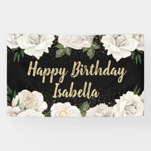 White Roses Gold Glitzer Happy Birthday Name Black Banner (Horizontal)