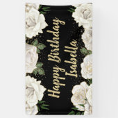 White Roses Gold Glitzer Happy Birthday Name Black Banner (Vertikal)