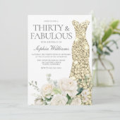 White Roses Gold Gown 30. Geburtstag Party Einladung (Stehend Vorderseite)