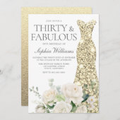 White Roses Gold Gown 30. Geburtstag Party Einladung (Vorne/Hinten)