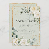 White Roses Gold Green Elegante Moderne Hochzeit Save The Date (Vorne/Hinten)