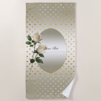 White Roses Gold Hearts Beach Handtuch
