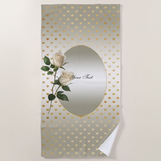 White Roses Gold Hearts Beach Handtuch (Vorderseite)