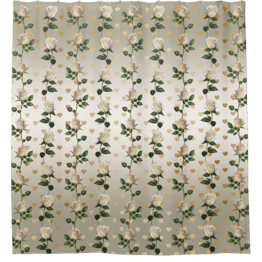 White Roses Gold Hearts Duschvorhang (Vorderseite)