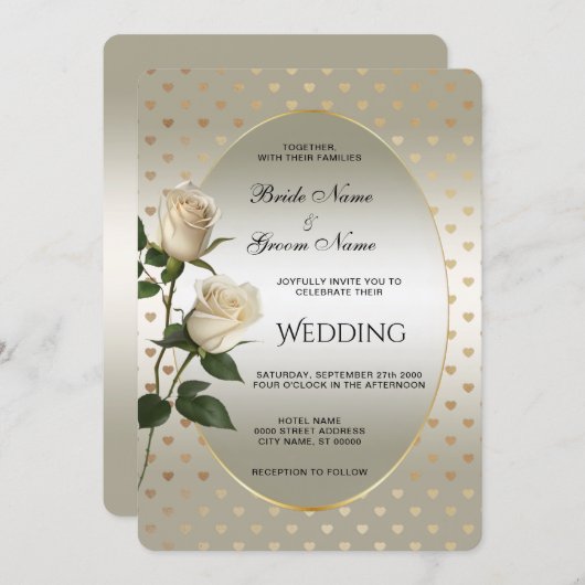 White Roses Gold Hearts Einladung Hochzeit (Vorne/Hinten)