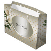 White Roses Gold Hearts Geschenktasche Große Geschenktüte (Rückseite Schrägansicht)