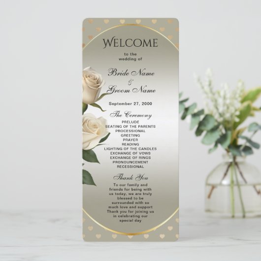 White Roses Gold Hearts Hochzeitsprogramm Programm (Stehend Vorderseite)