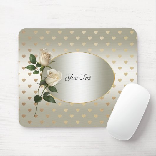 White Roses Gold Hearts Mousepad (Mit Mouse)
