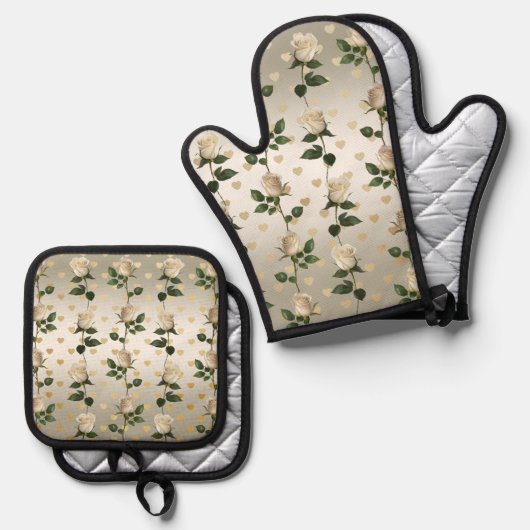 White Roses Gold Hearts Oven Mitt & Pot Holder Set (Vorderseite/Rückseite)