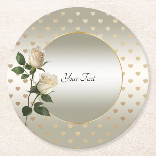 White Roses Gold Hearts Paper Untersetzer (Vorderseite)