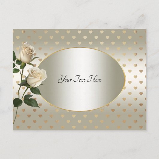 White Roses Gold Hearts Postcard Postkarte (Vorderseite)
