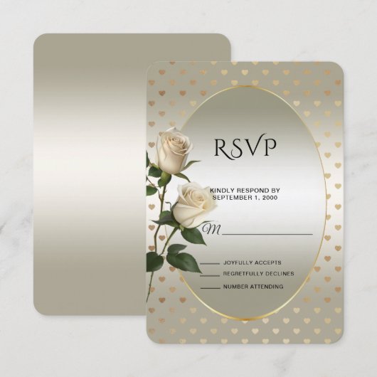 White Roses Gold Hearts RSVP Card Karte (Vorne/Hinten)