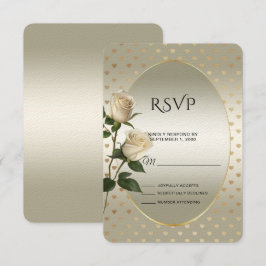 White Roses Gold Hearts RSVP Card Karte