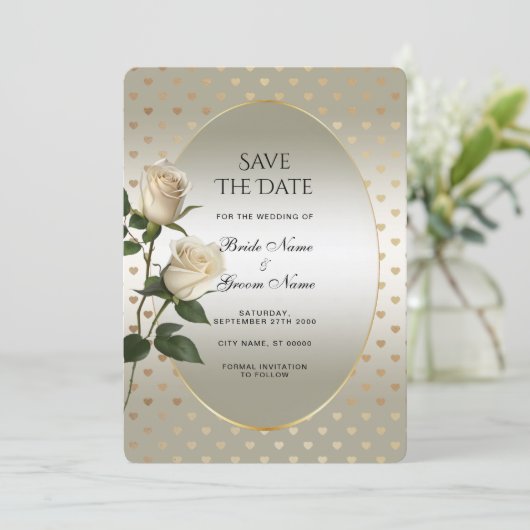 White Roses Gold Hearts Save the Date (Stehend Vorderseite)