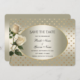 White Roses Gold Hearts Save the Date Card
