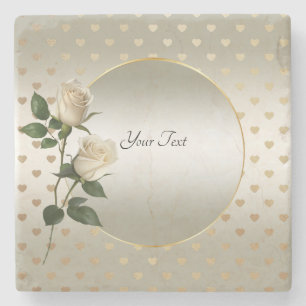 White Roses Gold Hearts Stone Untersetzer
