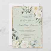 White Roses Gold Sage Green Elegante Hochzeit Einladung (Vorderseite)