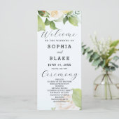 White Roses Green Blätter Blue Wedding Program (Stehend Vorderseite)