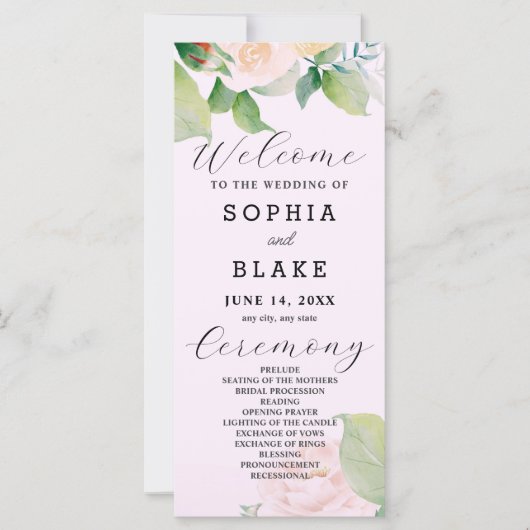 White Roses Green Blätter Pink Wedding Program (Vorderseite)
