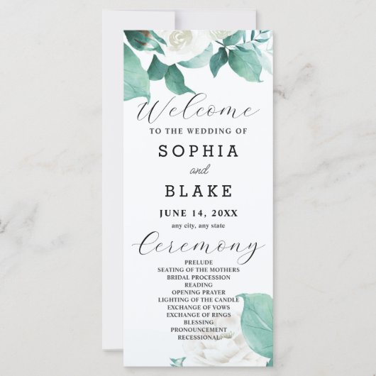 White Roses Green Blätter White Wedding Programm (Vorderseite)