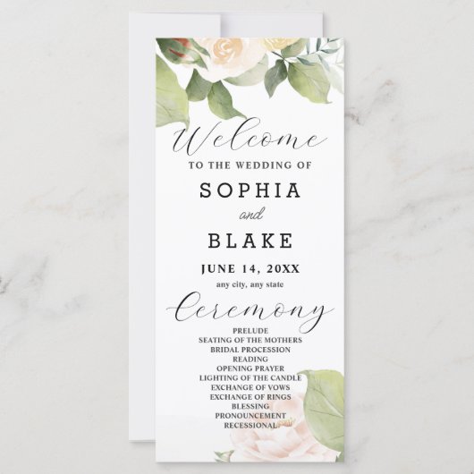 White Roses Green Blätter White Wedding Programm (Vorderseite)