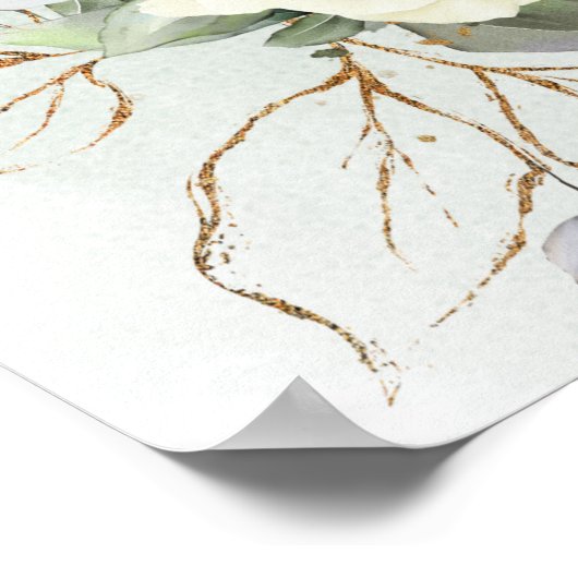 White Roses Green Eucalyptus Gold Geometric Poster (Ecke)