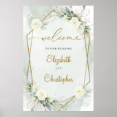 White Roses Green Eucalyptus Gold Geometric Poster (Vorne)