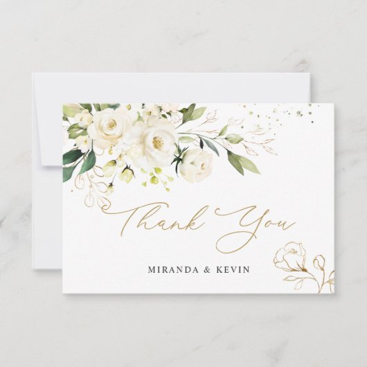 White Roses Green Foliage Wedding Vielen Dank Dankeskarte (Vorderseite)