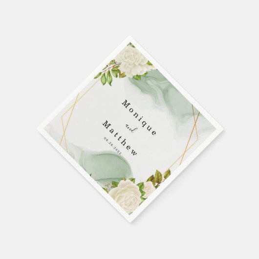 White Roses Green Watercolor Geometric Wedding Serviette (Ecke)