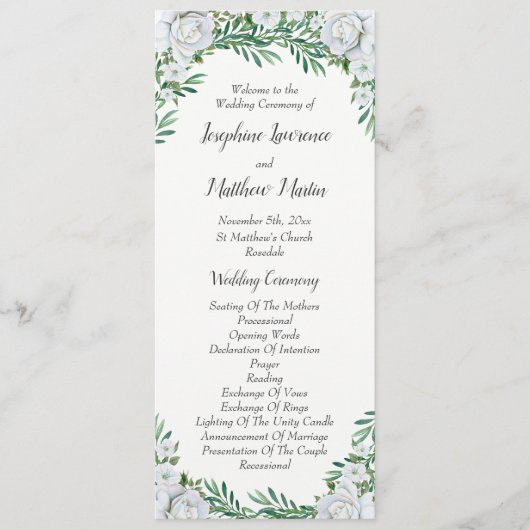 White Roses Greenerage Foliage Wedding Programm (Vorderseite)