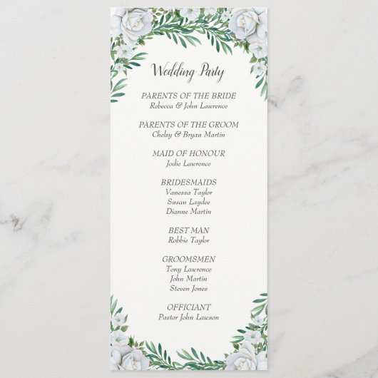 White Roses Greenerage Foliage Wedding Programm (Rückseite)