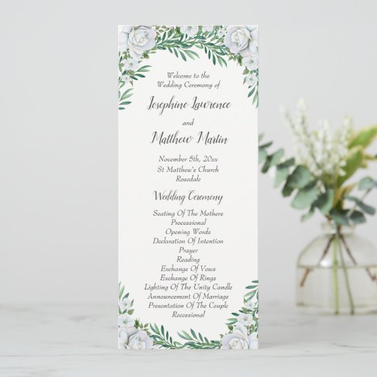 White Roses Greenerage Foliage Wedding Programm (Stehend Vorderseite)