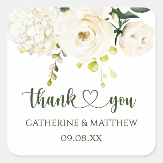 White Roses Greenerage Foliage Wedding Quadratischer Aufkleber (Vorderseite)