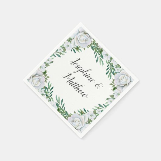 White Roses Greenerage Foliage Wedding Serviette (Ecke)