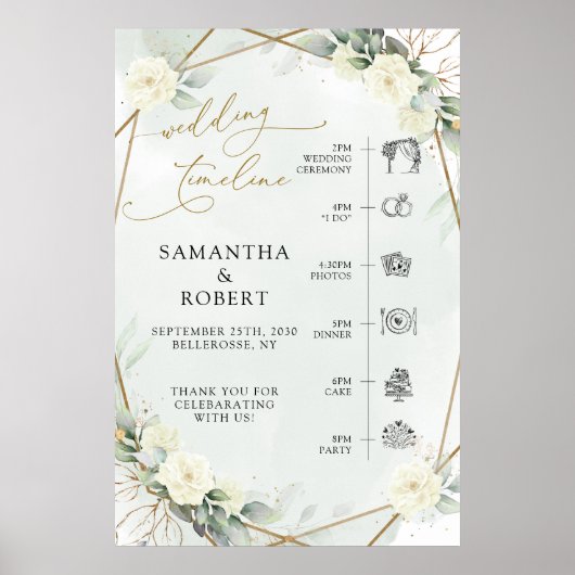 White Roses Greenerity Gold Rahmen Timeline Sign Poster (Vorne)