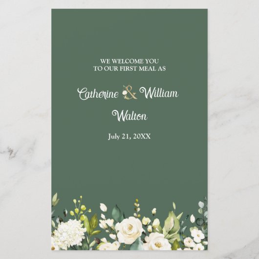 White Roses Greenerity Wedding Menu Paper Sheet