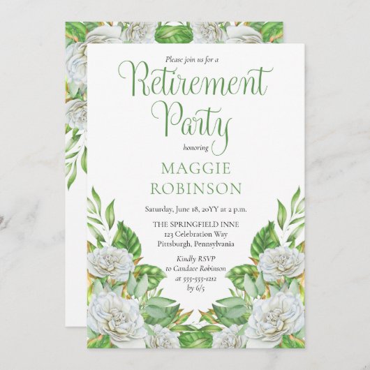 White Roses |Greenery Boho Floral Retirement Party Einladung (Vorne/Hinten)